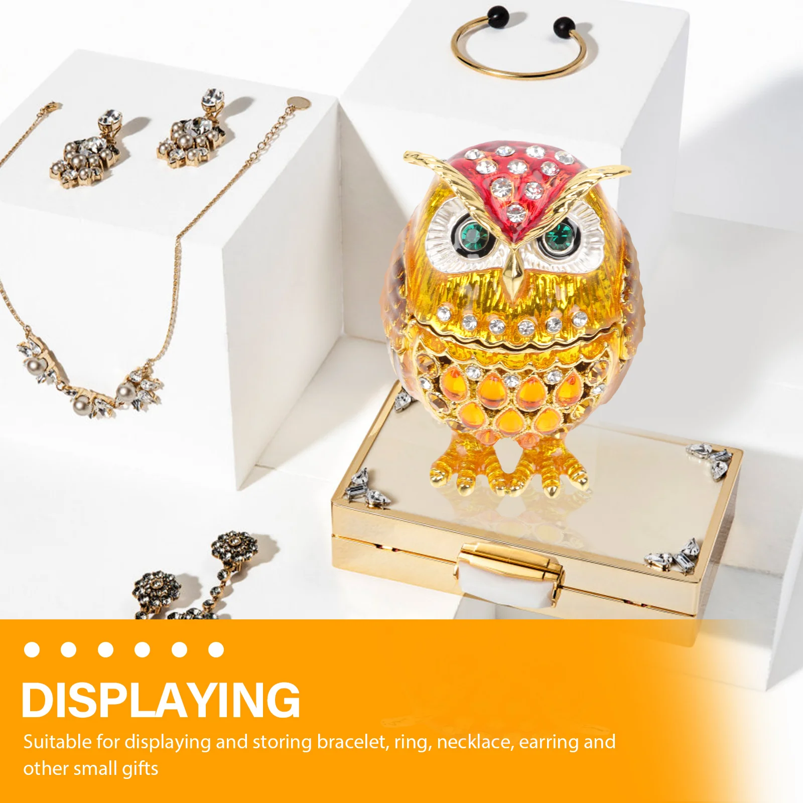 

Jewelry Box Gift Packaging Alloy Desktop Owl Decor Small Trinket Case Shiny Earrings Holder Necklace Organizer Valentine