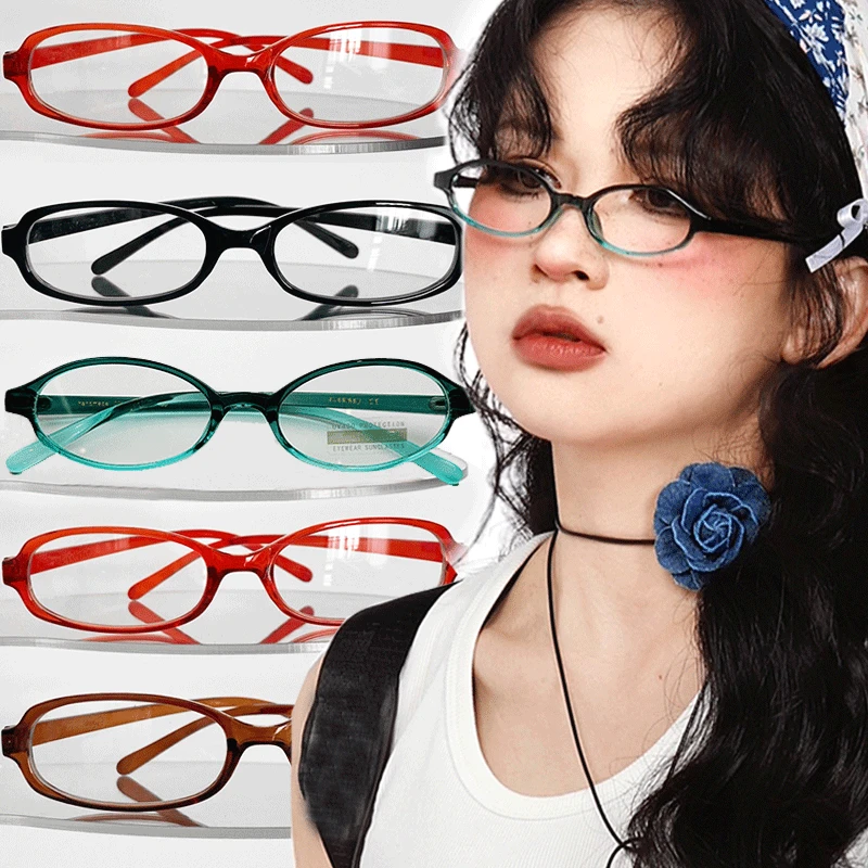 Women Retro Oval Glasses Y2K Japanese and Korean Girls Red Green Frame Glass Eyewear Decorative Computer Anti-blue Eyeglasses