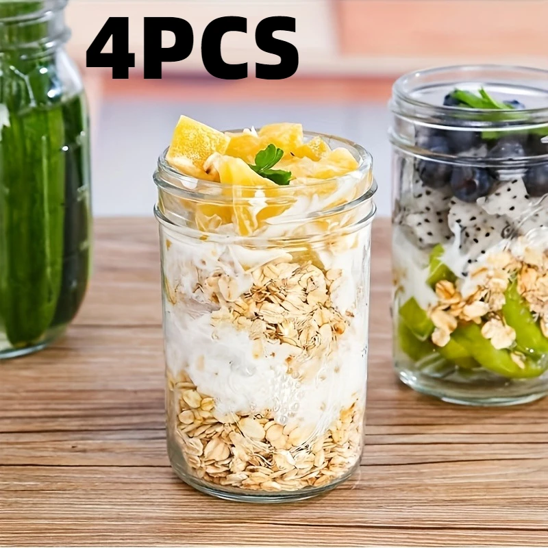 4 Frascos de Vidrio con Tapa, Frascos de Boca Ancha, Transparentes y Duraderos, Recipientes de Almacenamiento para Cocina, para Encurtidos, Alimentos, Ensaladas y Mermeladas