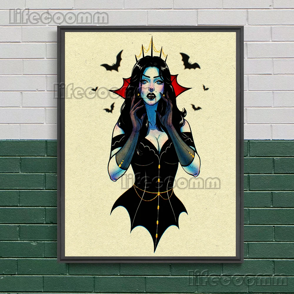 Beautiful And Enchanting Little Vampire Witch Vintage Wall Art Canvas Painting Gothic Seductive Witch Art Poster And Print Decor