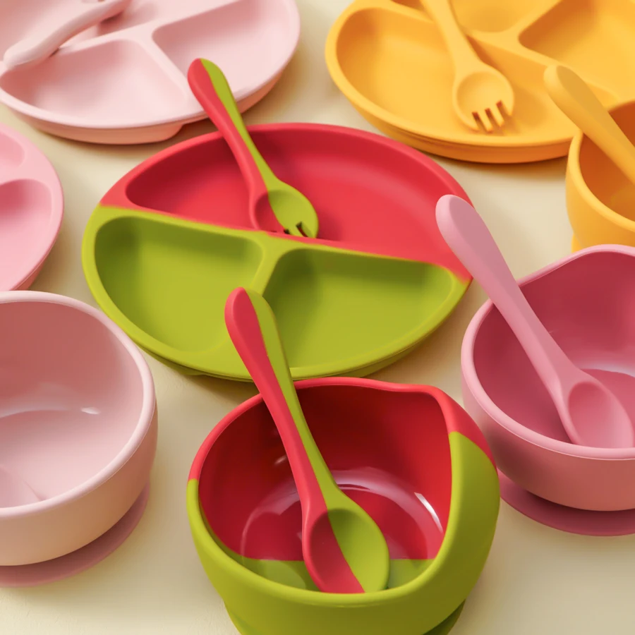 4PCS Baby Silicone Dinner Sets Color Contrast Plate Suction Bowl Eating Training Spoon Fork Colorful Baby Tableware Sets