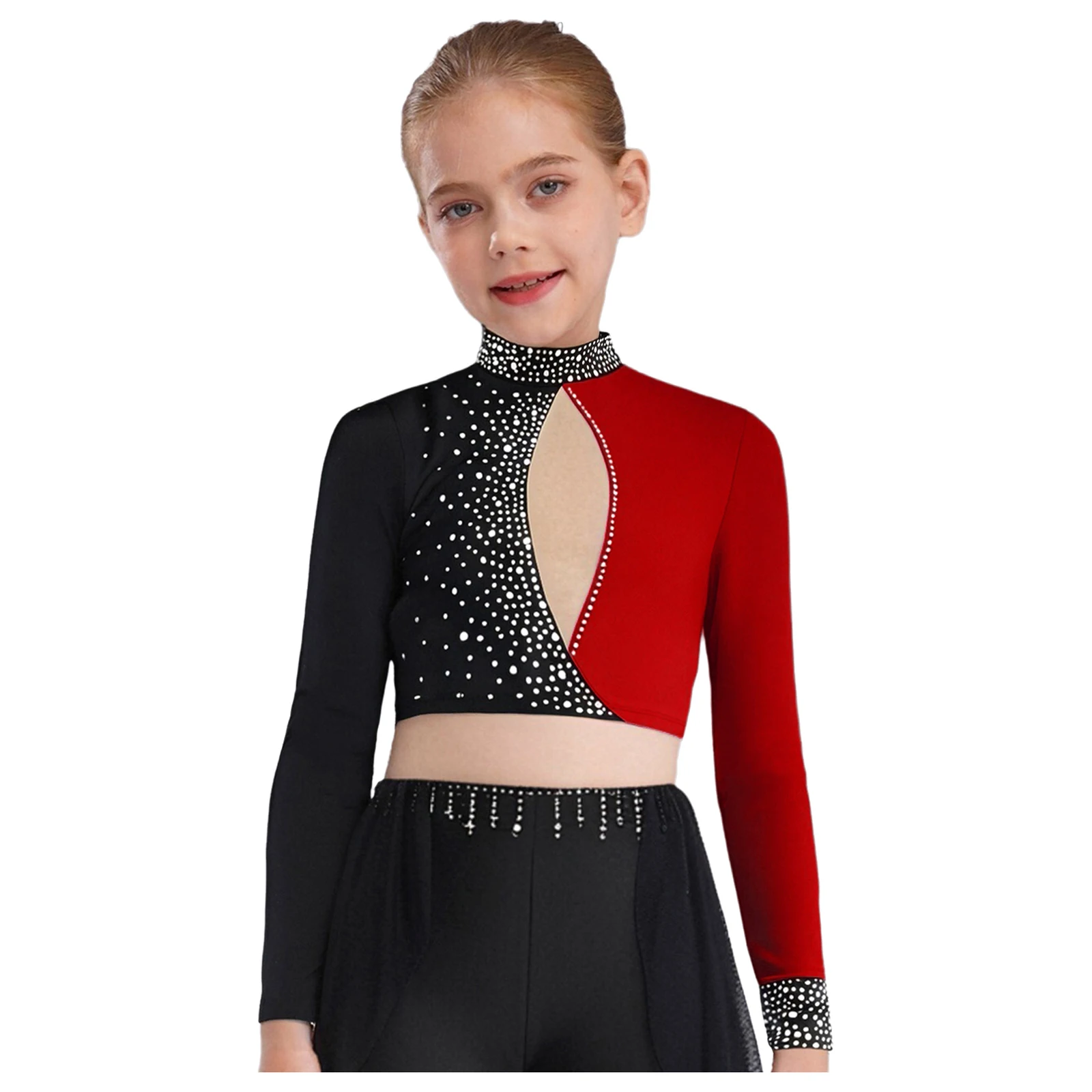 Girls Modern Lyrical Dance Costumes Long Sleeve Keyhole Back Dance Top Bell-bottomed Pants for Figure Skating Dance Performance