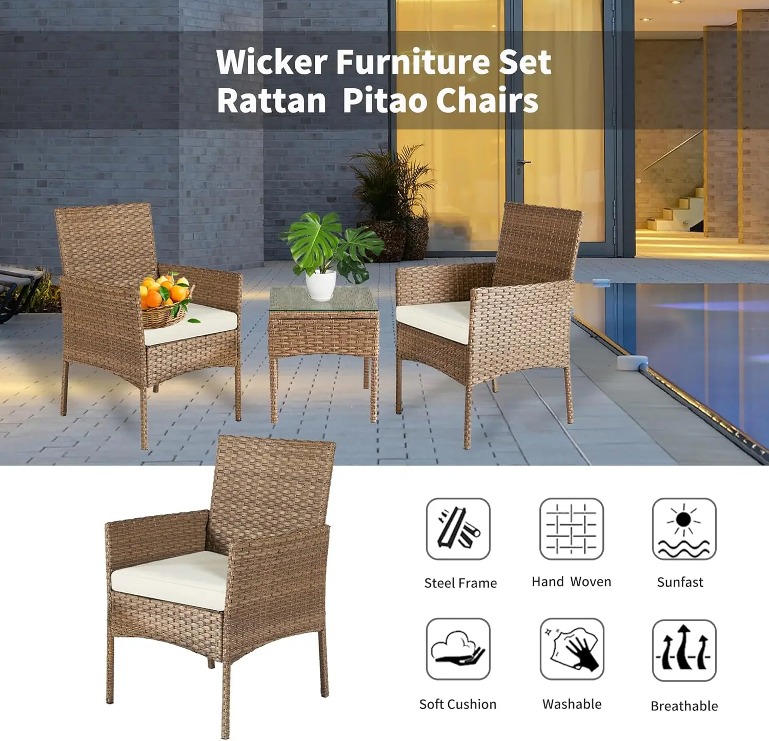 Pátio Varanda Conjuntos de móveis para apartamentos, Bistro Furniture Set, Conjuntos de conversa com mesa de café, 3 pcs