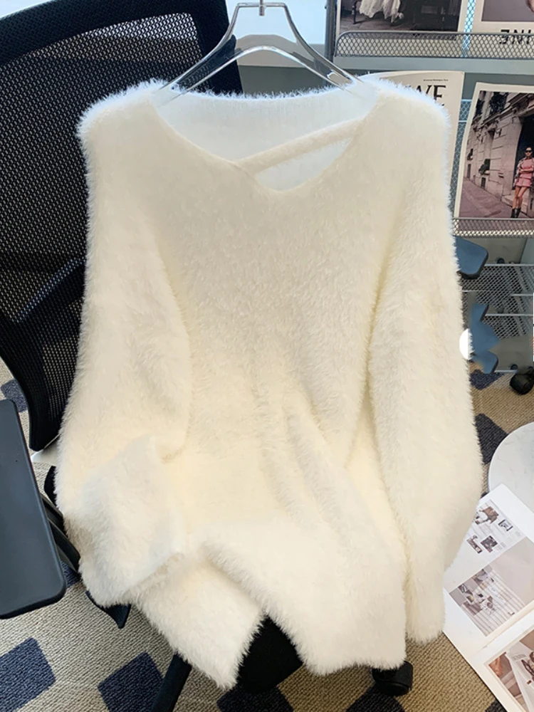 

Fashion Solid Color V-neck Women Pullovers 2025 Autumn Casual Long Sleeve Knitted Sweater Female Loose All-matched Knitwear