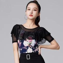 Adult Dance Wear Latin Samba Tops Autumn Dance Practice Party Dresses Long Sleeve Print Mesh Ruffle Edge Women's Dance Suit Top