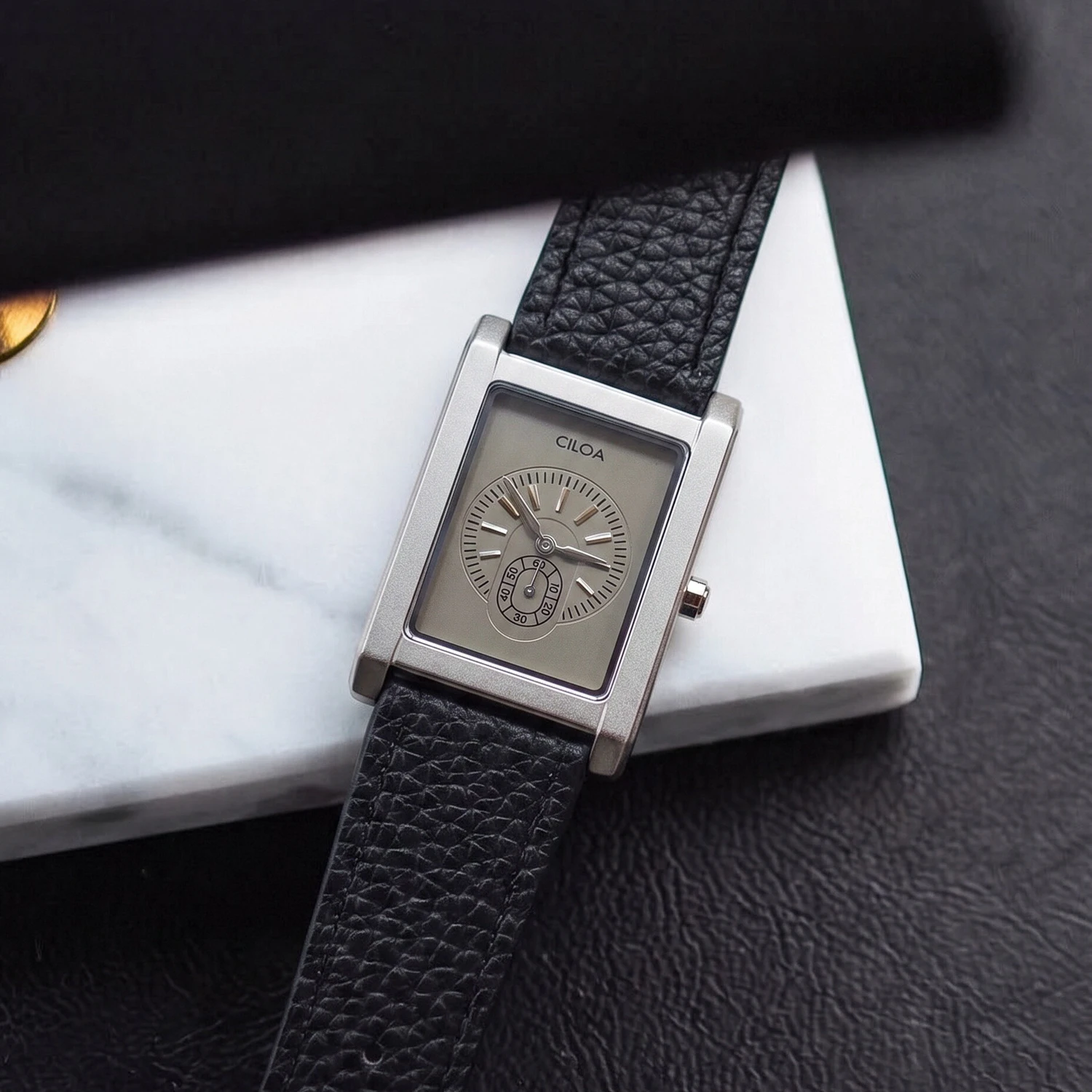 CILOA-Luxury Retro Square Men Watch Silver Case Two Half Hands Leather Strap Quartz Wrist Watches for Daily Office-517