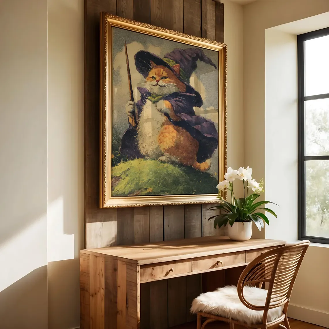 Cat Wall Art Prints, Witch Cats Decor Paintings, Halloween Posters, Whimsical Animal Artworks for Living Room and Bedrooms