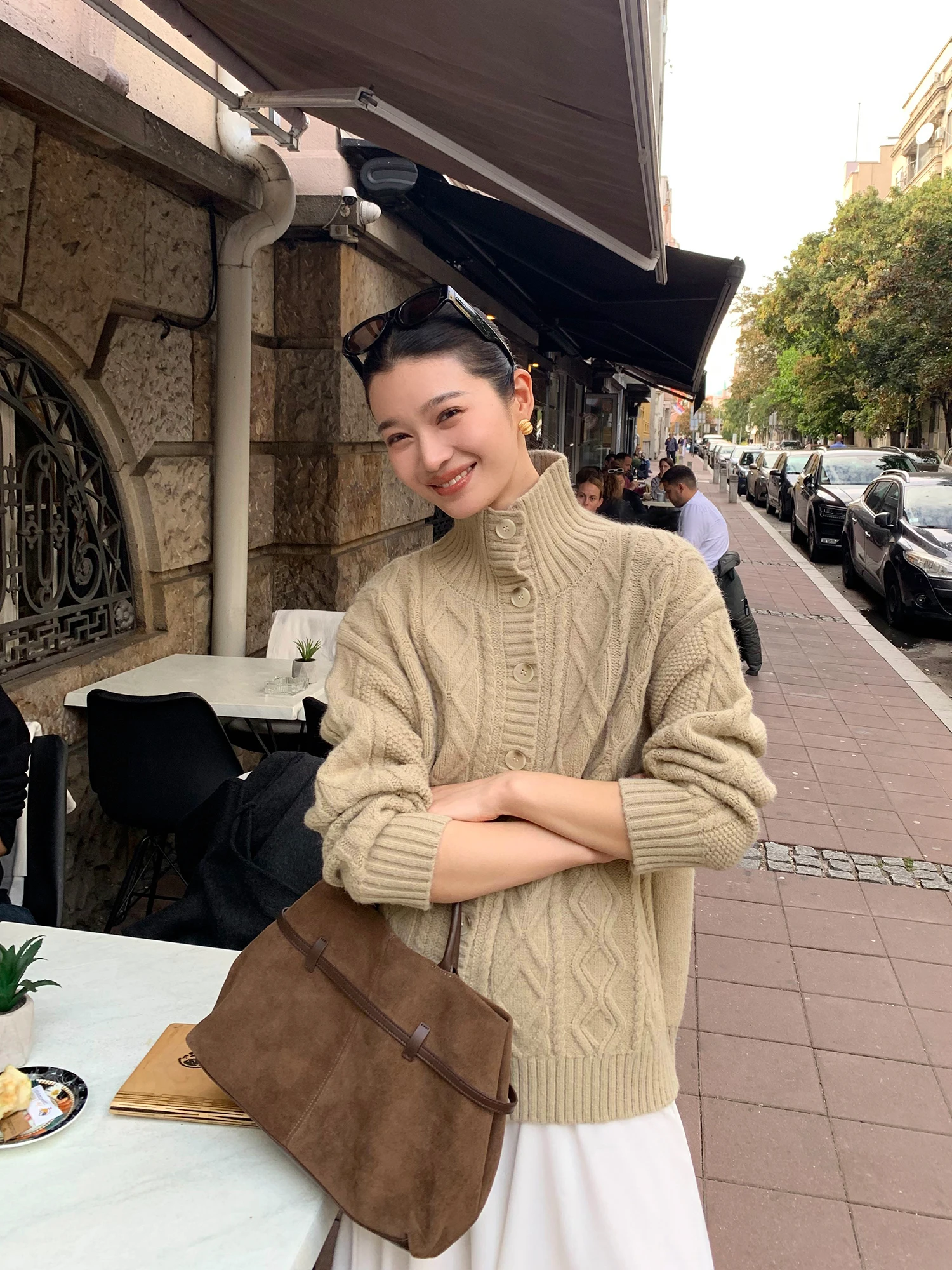 

Pusumede свитер с высоким воротником, открытый кардиган, женский свободный ленивый элитный верхняя одежда в стиле ретро, топ, зимний сезон, длинный све