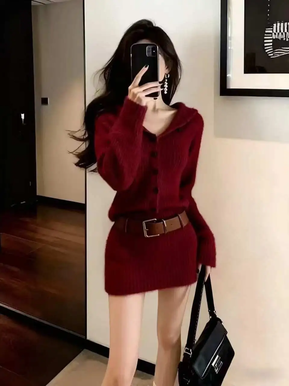 

Elegant Red Knitted Dress Slim Fit Style Polyester Fiber Long Sleeve Casual Wear for Young Women Belted Waist Design