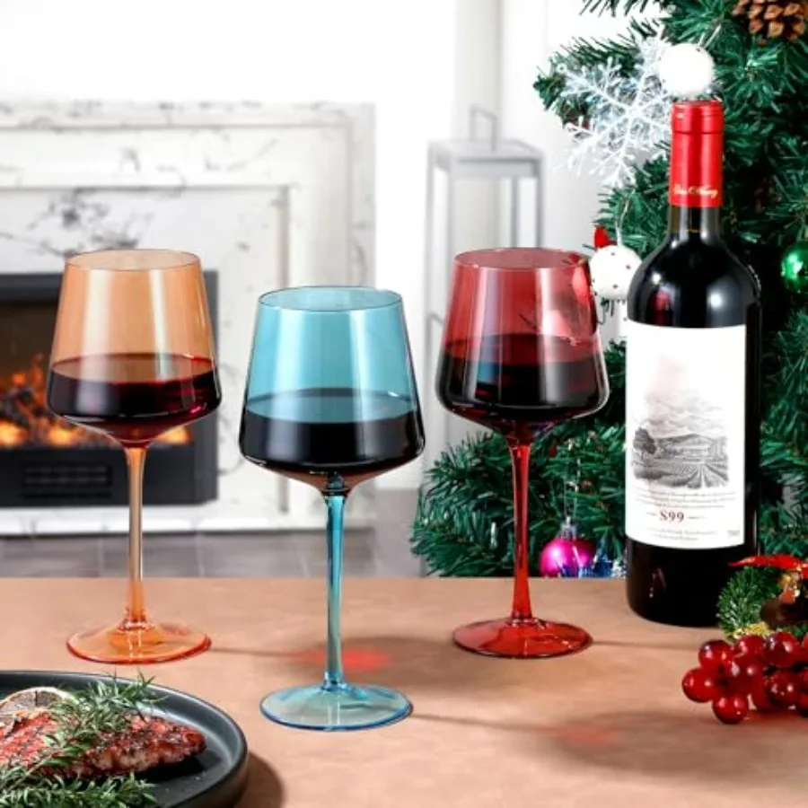 Colorful HandBlown Crystal Wine Glasses Set of 6 19oz with Unique Long Stem for Elegant Dinner Parties Wedding Anniversary Chri