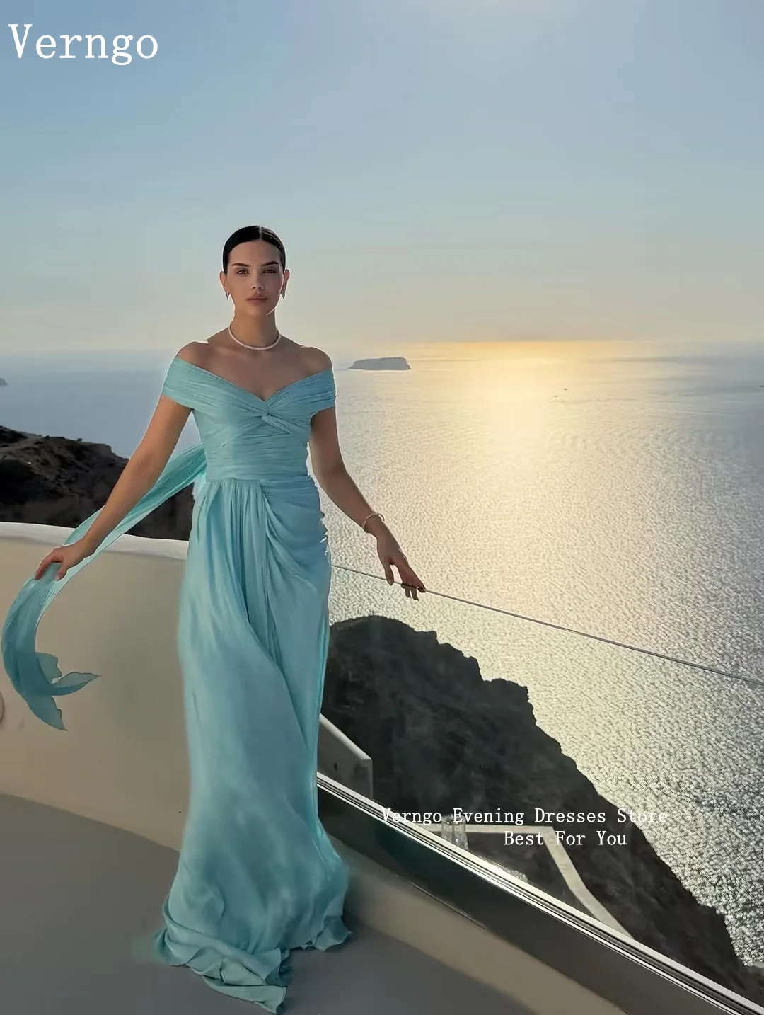 Verngo Turquoise Flowing Chiffon Evening Dress Off The Shoulder A Line Prom Gown Pleated Elegant Beach Party Dresses Customized 5