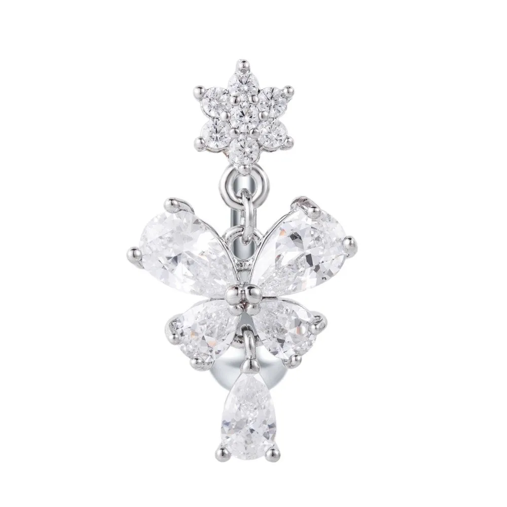 Zircon Bow Belly Button Rings Flower Head Butterfly Design Dangle Belly Rings 316 Stainless Steel Cute Reversed Navel Rings