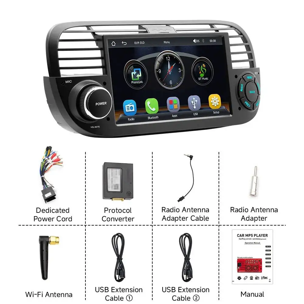 7inch IPS BT Touch Screen Wireless CarPlay 2Din Auto Radio For FIAT 500 Abarth 2007-2015 Multimedia Navi Stereo MP5 Video Player