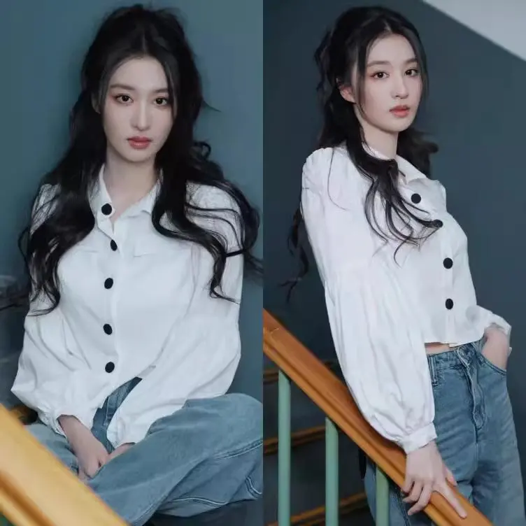 

White Lantern Sleeve Shirt Women's Design Sensation Short Length Long Sleeve Top EXJR Commute Style UV Protection Pure Color