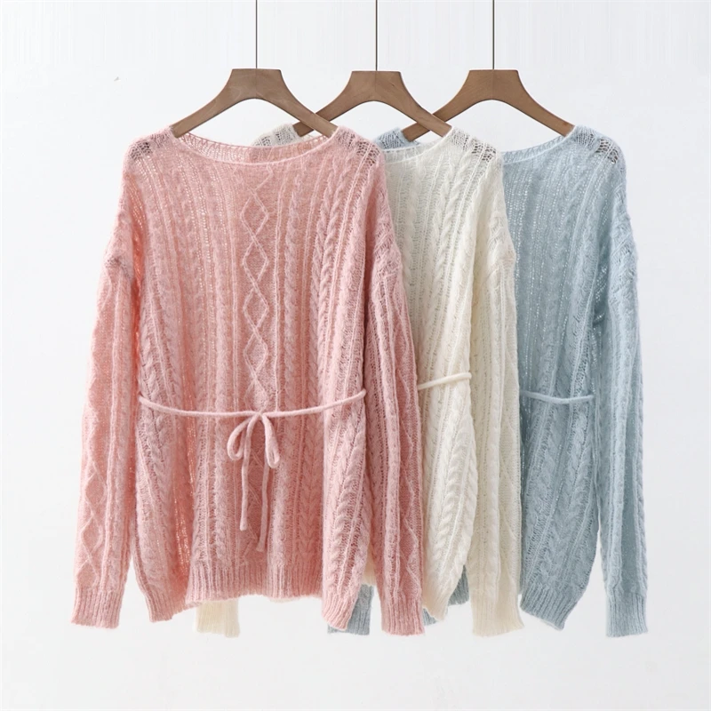Fried Dough Twists Belt Knitted Wool Mid length Dress Spring and Autumn Thin Loose Slouchy Hollow Sweater Dress