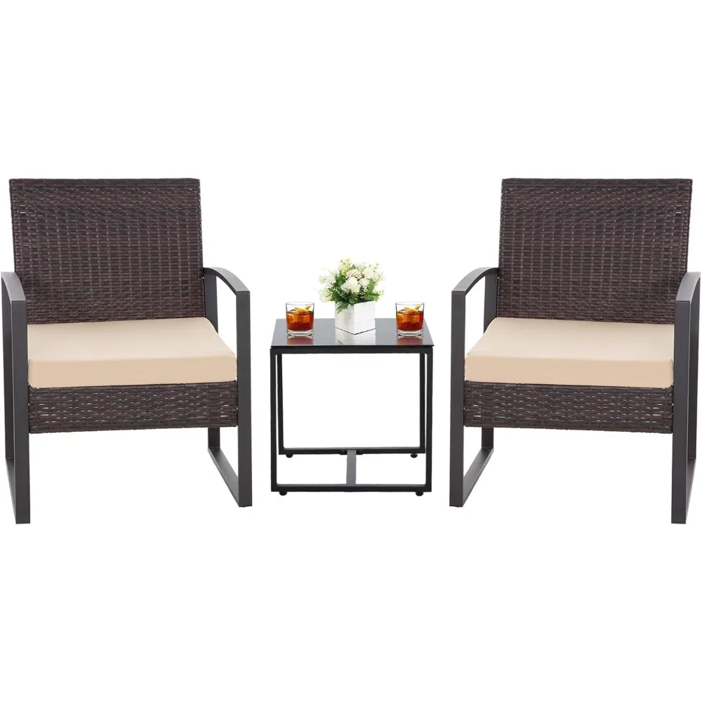 3PCS Patio Furniture Set, Outdoor Wicker Bistro Conversation Set with Padded Cushions & Glass Table, Garden Rattan Chair Set