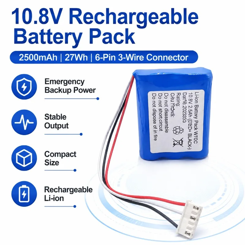 10.8V 2500mAh 27Wh Rechargeable Li-ion Battery Pack 6 Pin 3 Wire Backup Power for Elevator Intercom Emergency Battery Pack