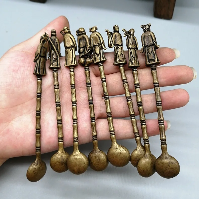 Antique Miscellaneous Vintage Old Brass Twelve Zodiac Small Medicine Spoon Chinese Pharmacy Small Medicine Copper Spoon Set for
