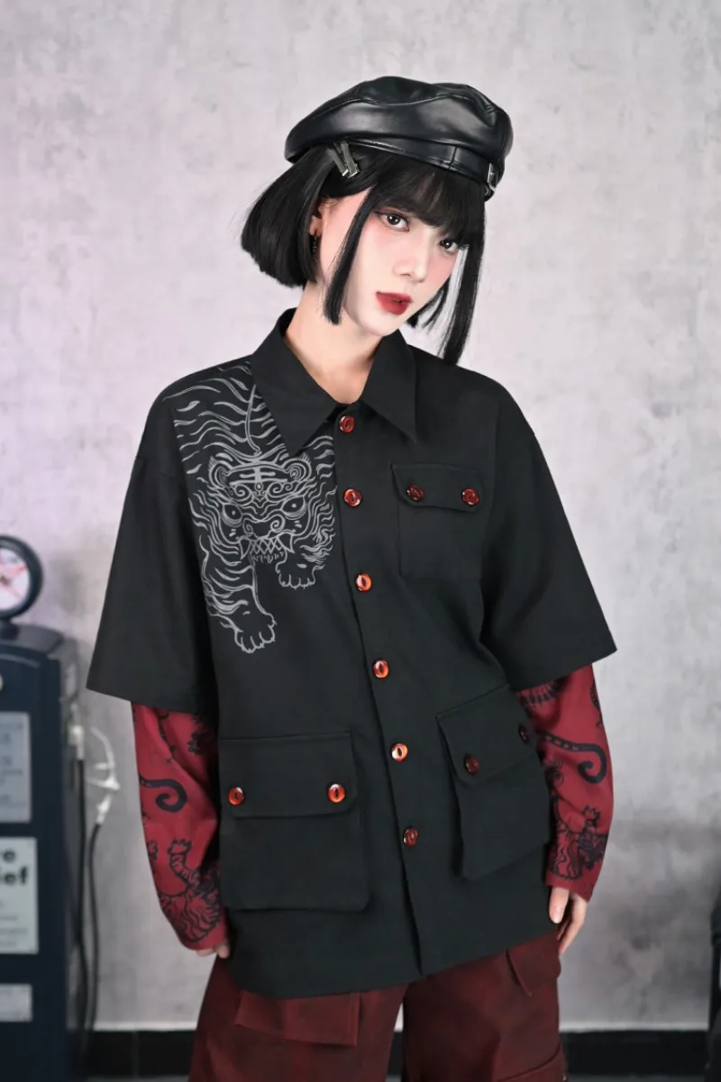 Veste faux deux pièces à manches imprimées en Patchwork de Style chinois pour femmes, manteau chemise à simple boutonnage au Design Unique, vêtements d'extérieur, nouvelle collection