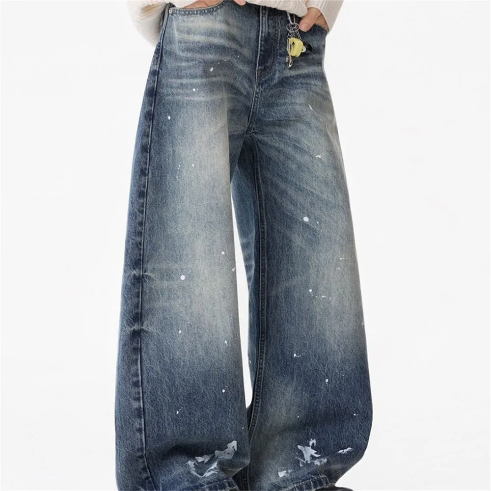 MWJLPWQ Spray-Painted Distressed Denim Scythe Pants For Men Punk Street Style Faded Gradient Wash Curved Loose-Fit Trouser 20219