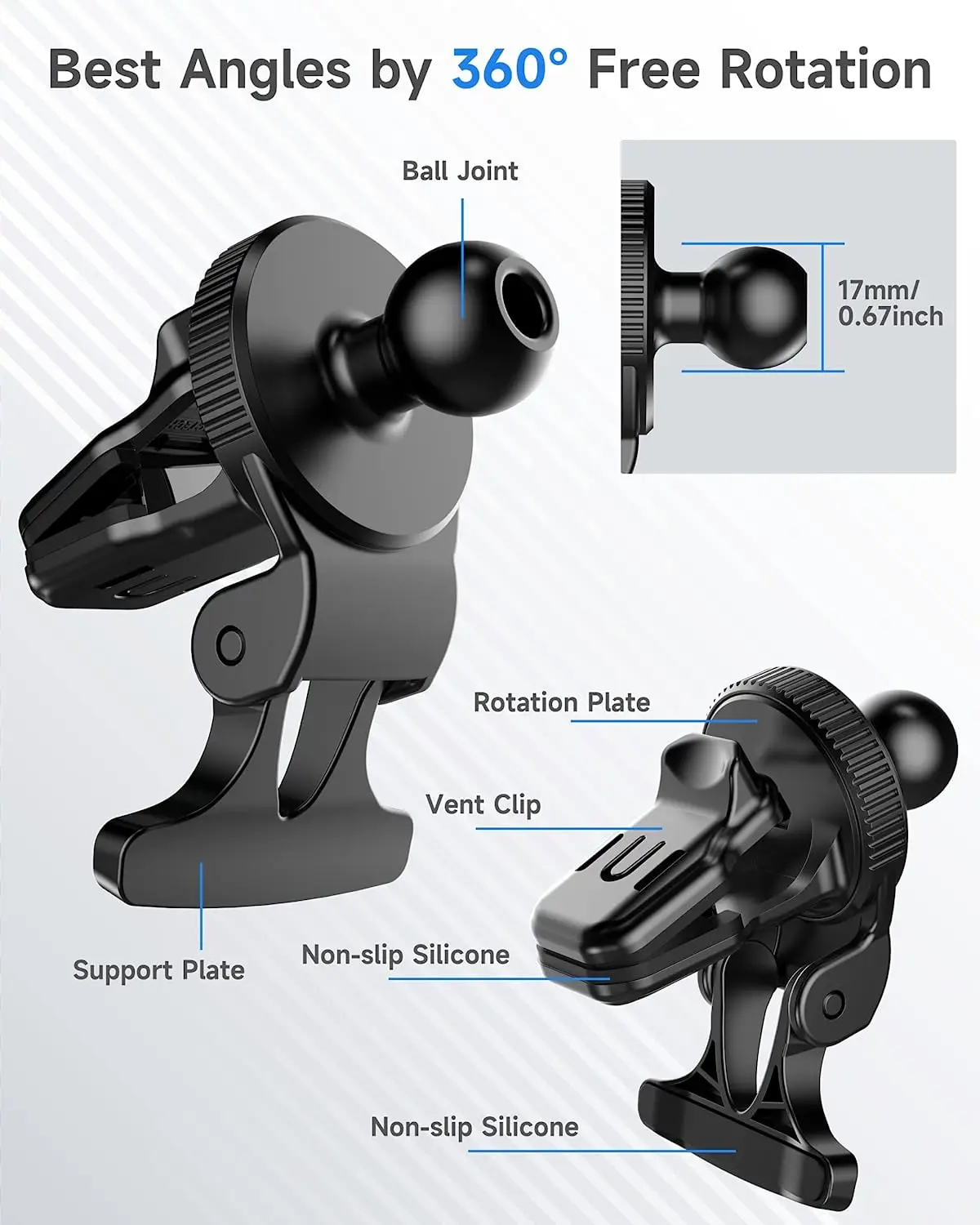 Untoom 17mm Kugelkopfbasis für Autotelefonhalterung Universelle Auto-Lüftungs-Handyhalterung GPS-Halterung Auto-Luftauslass-Clip-Halterung – Detail 2