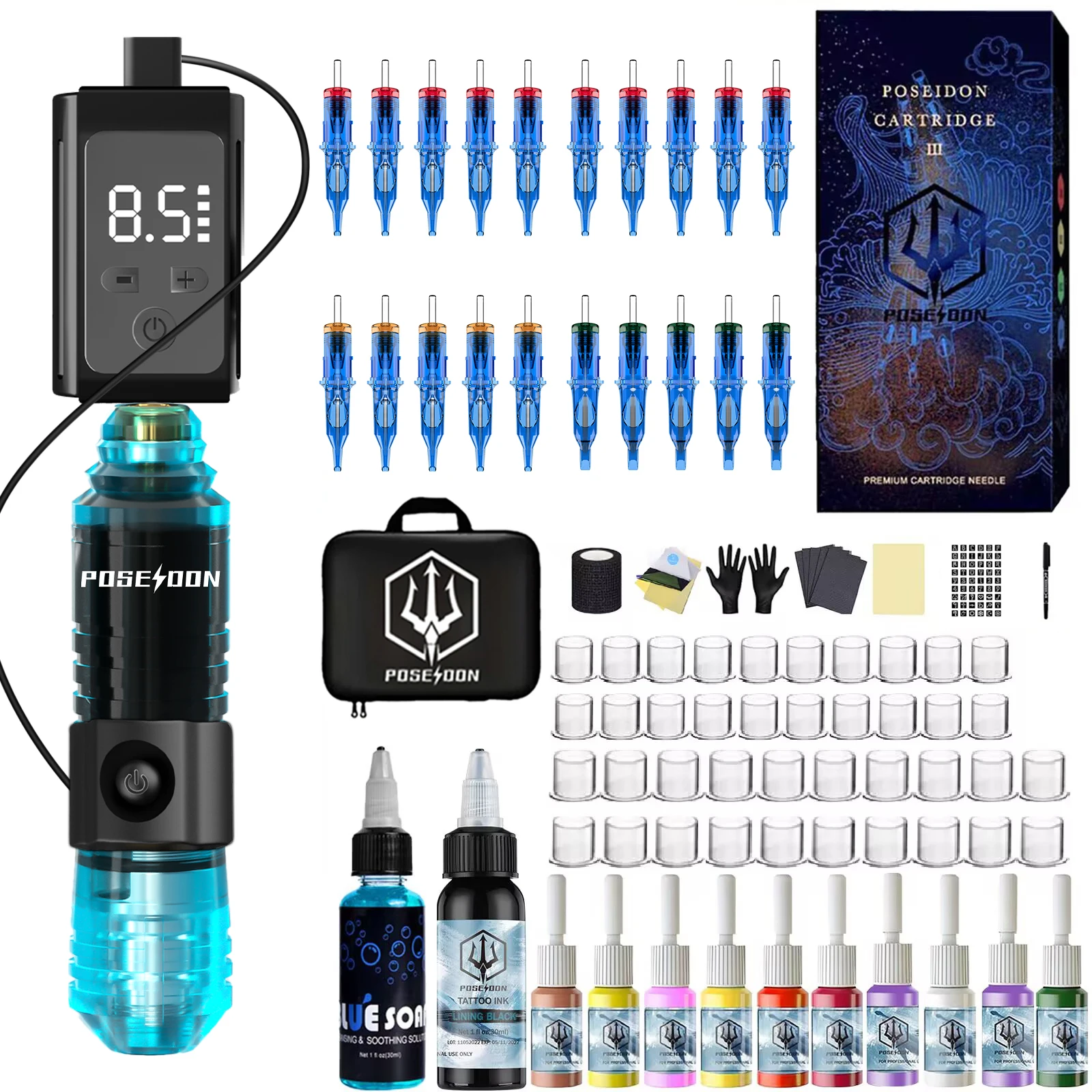 

Tattoo Kit POSEIDON Finger Controlled Tattoo Pen Kit For Permanent Makeup Tattoo Machine Cool Blue Power Supply Tattoo Gun Kit