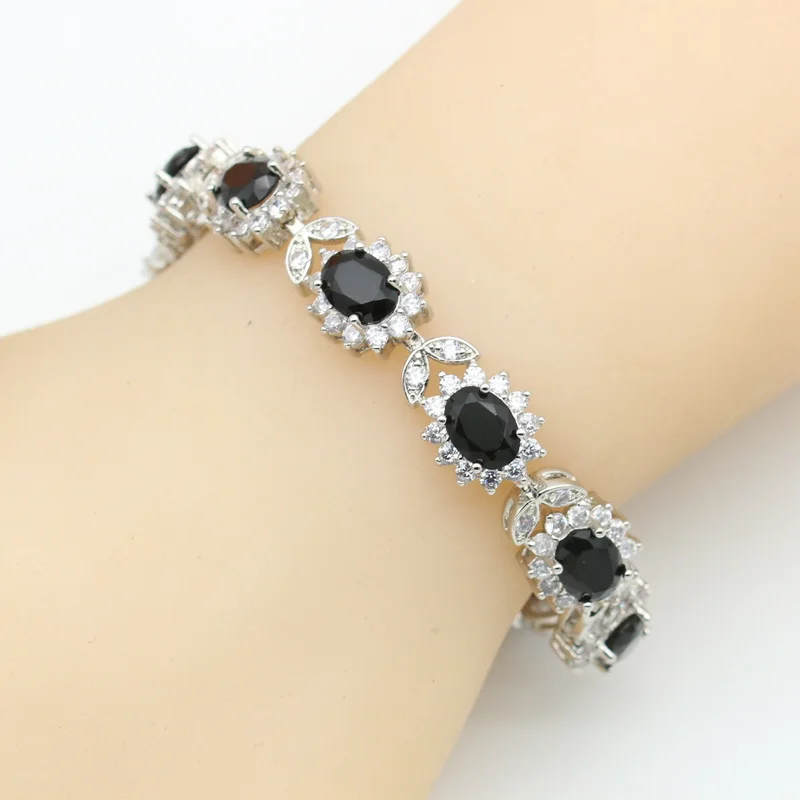 Black Zircon Silver Color Wedding Jewelry Sets For Women Party Bracelet Earrings Necklace Pendant Ring Valentine\'s Day gift