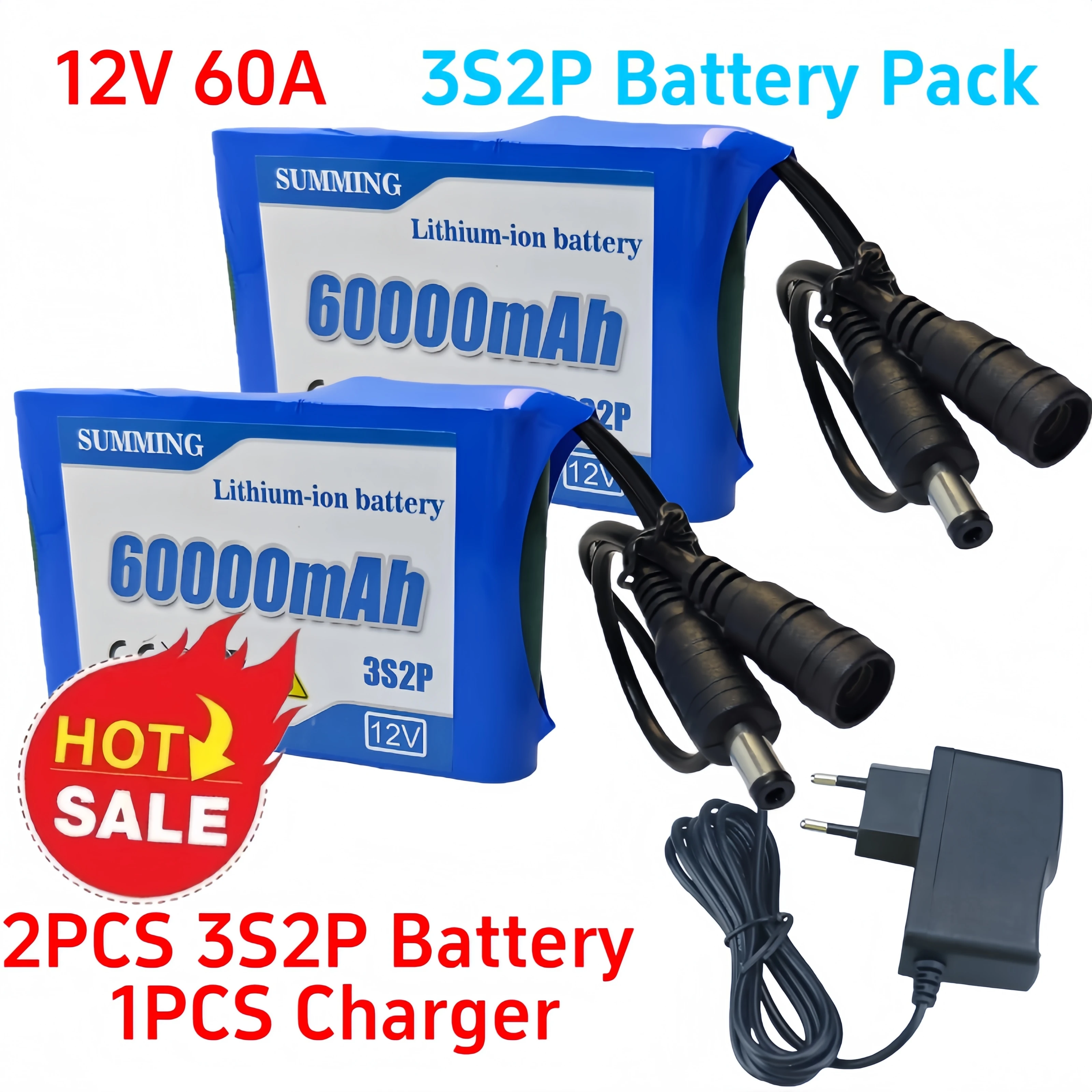 

NEW Portable Super 12V 60000mah Battery Rechargeable Lithium Ion Battery Pack Capacity DC 12.6v 60Ah CCTV Cam Monitor +Charger