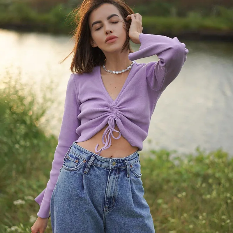 V-neck Trumpet Sleeve Long Drawstring Slim Fashion Purple Crop Top Pleated Pure Color Simple Sweet T-shirt Ladies Casual Autumn