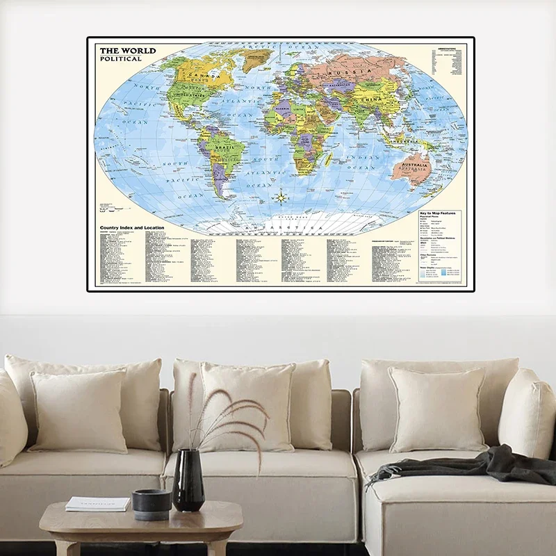 O mapa do mundo 150*100cm com índice e localização do país pintura em tela não tecida arte da parede cartaz casa escola fornecimento mapa de viagem