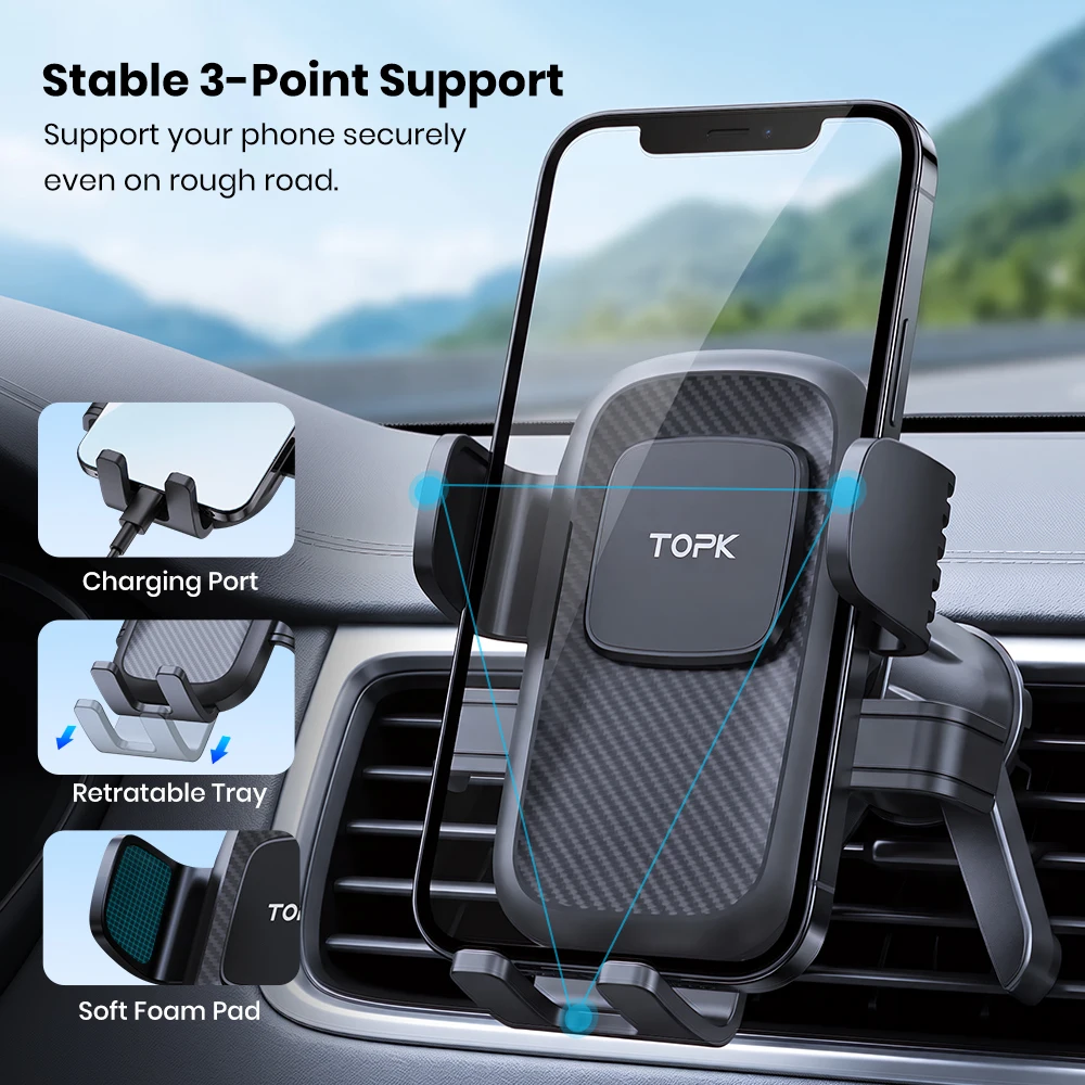 TOPK Air Vent Car Mobile Phone Holder Two Support Feet Clip Mount Universal Smartphone Stand Bracket for iPhone Samsung Huawei