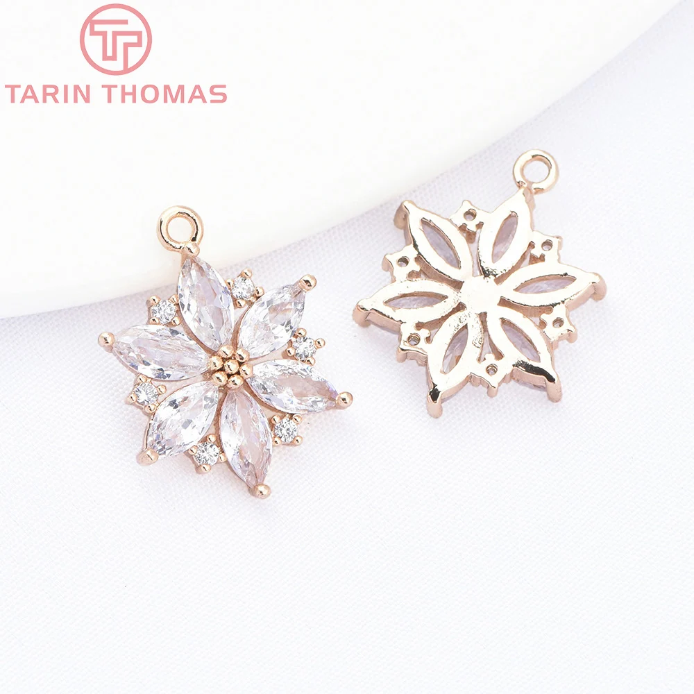 (9064) 4PCS 13.5x17.5MM 24K Gold Color Brass with Zircon Flower Shaped Pendants High Quality DIY Jewelry Making Findings