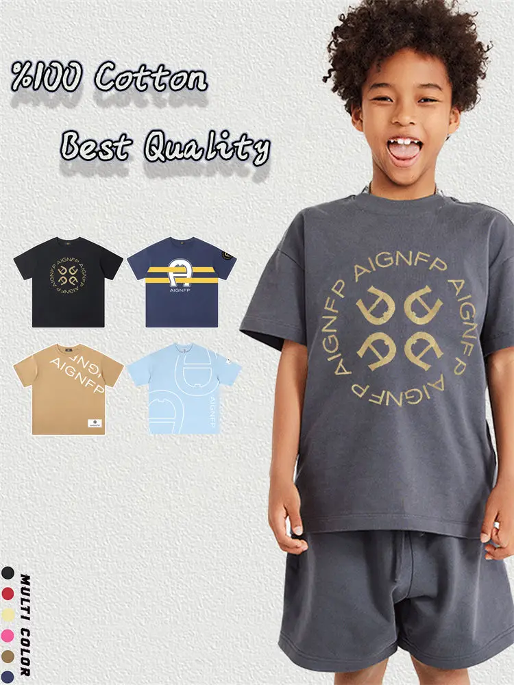 

Hot Sale Kids Summer Clothes Boys Tees 2025 Trend Street Short sleeve Boy Round neck Tops Striped Letter Print Children T-shirt