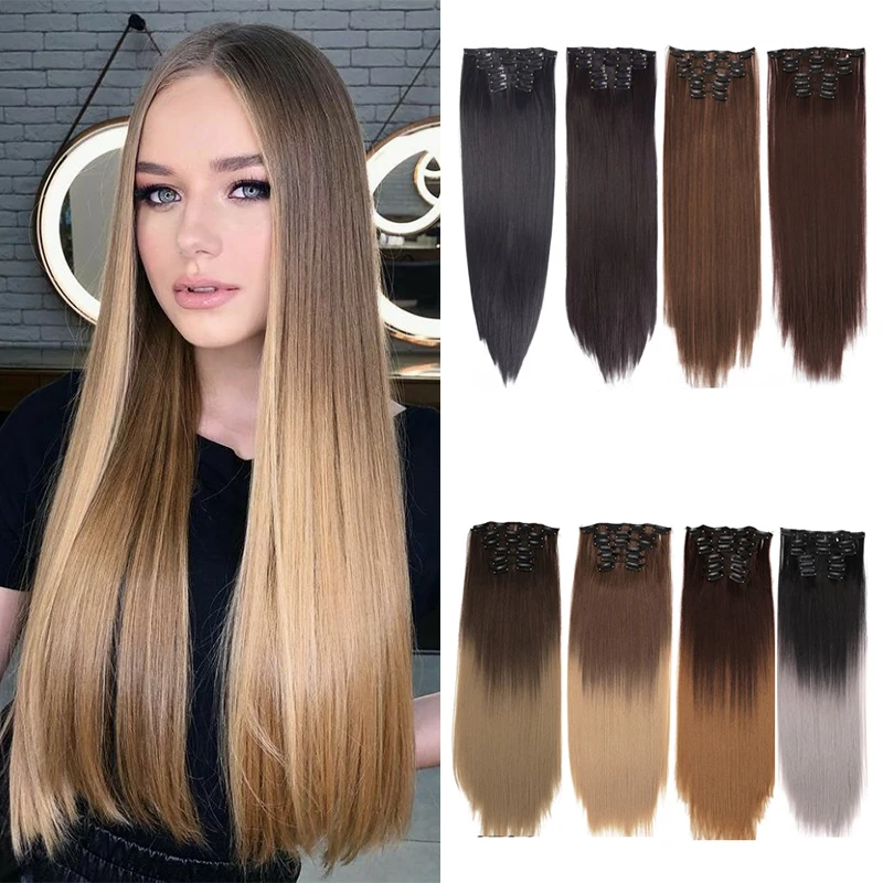 

Synthetic Wavy 16Clips In Hair Extension Long Straight Hairpieces Clip In New 16Clips Hair Women Hair Clips Hairpiece Ombre