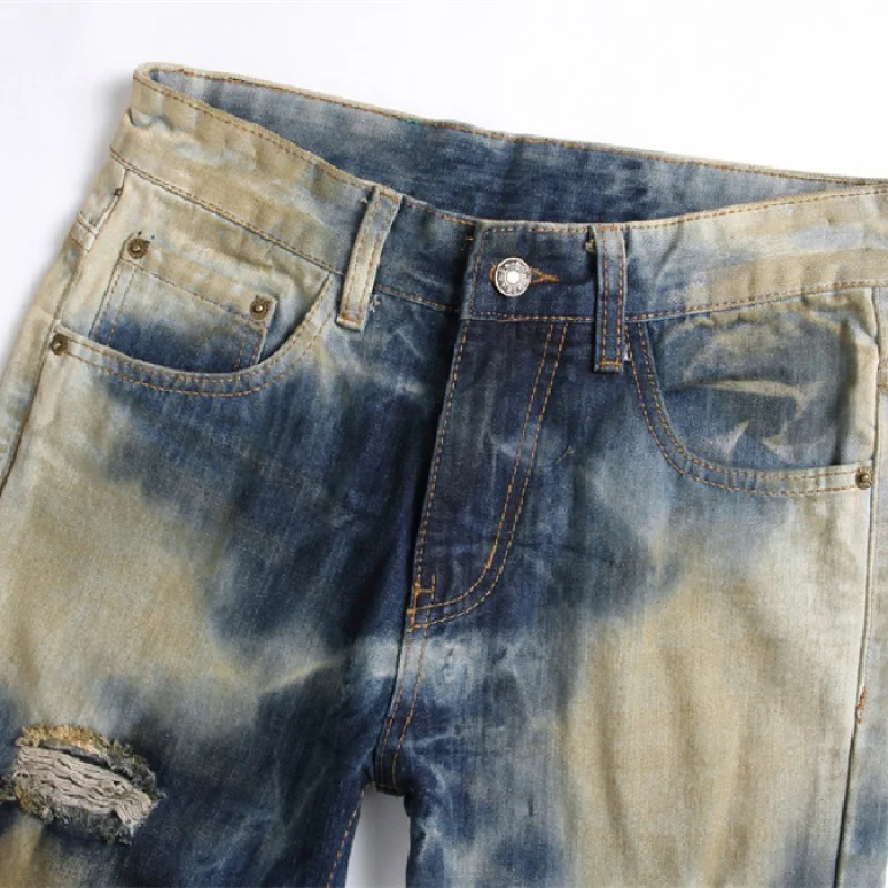 2024new men's fashion trendy vintage jeans men's slim stretch ripped light straight-leg motorcycle trousers