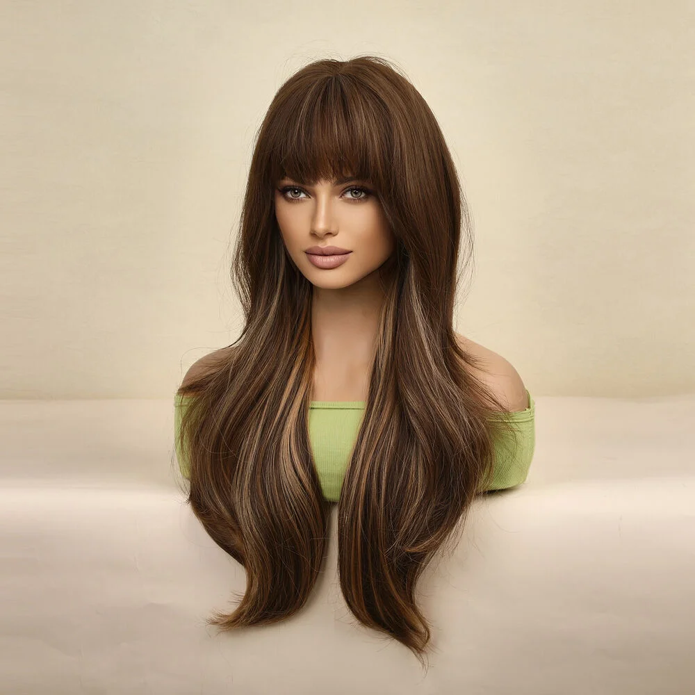 Long Hair Wig with Bangs Chocolate brown with Highlights Heat Resistant Wavy Wigs