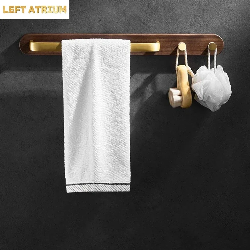 Golden Space Aluminum Towel Rack with Hooks, Bathroom Solid Wood Rack, Toilet Towel Bar, Kitchen Rack, No Drilling Required