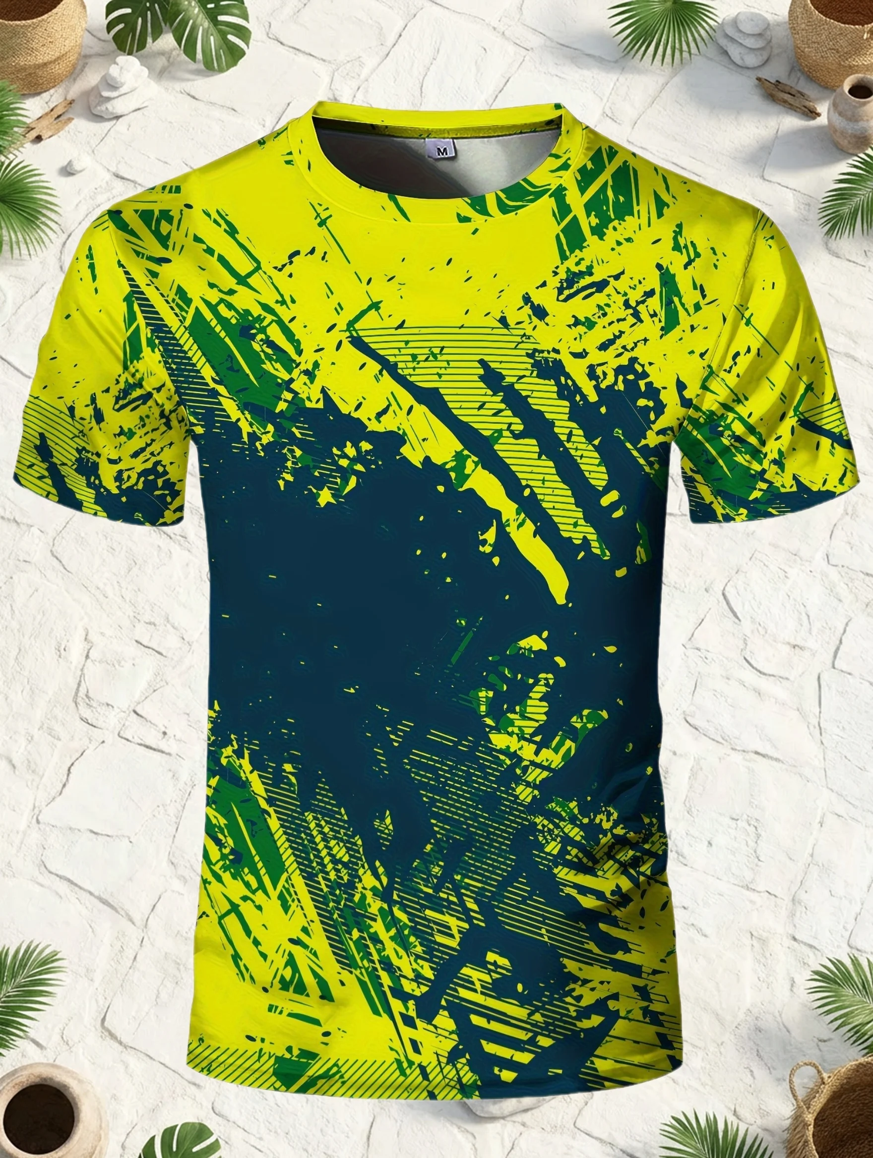 Lime Navy Distressed Brush Print Sport Crew Tee Quick Dry Breathable Training Shirt
