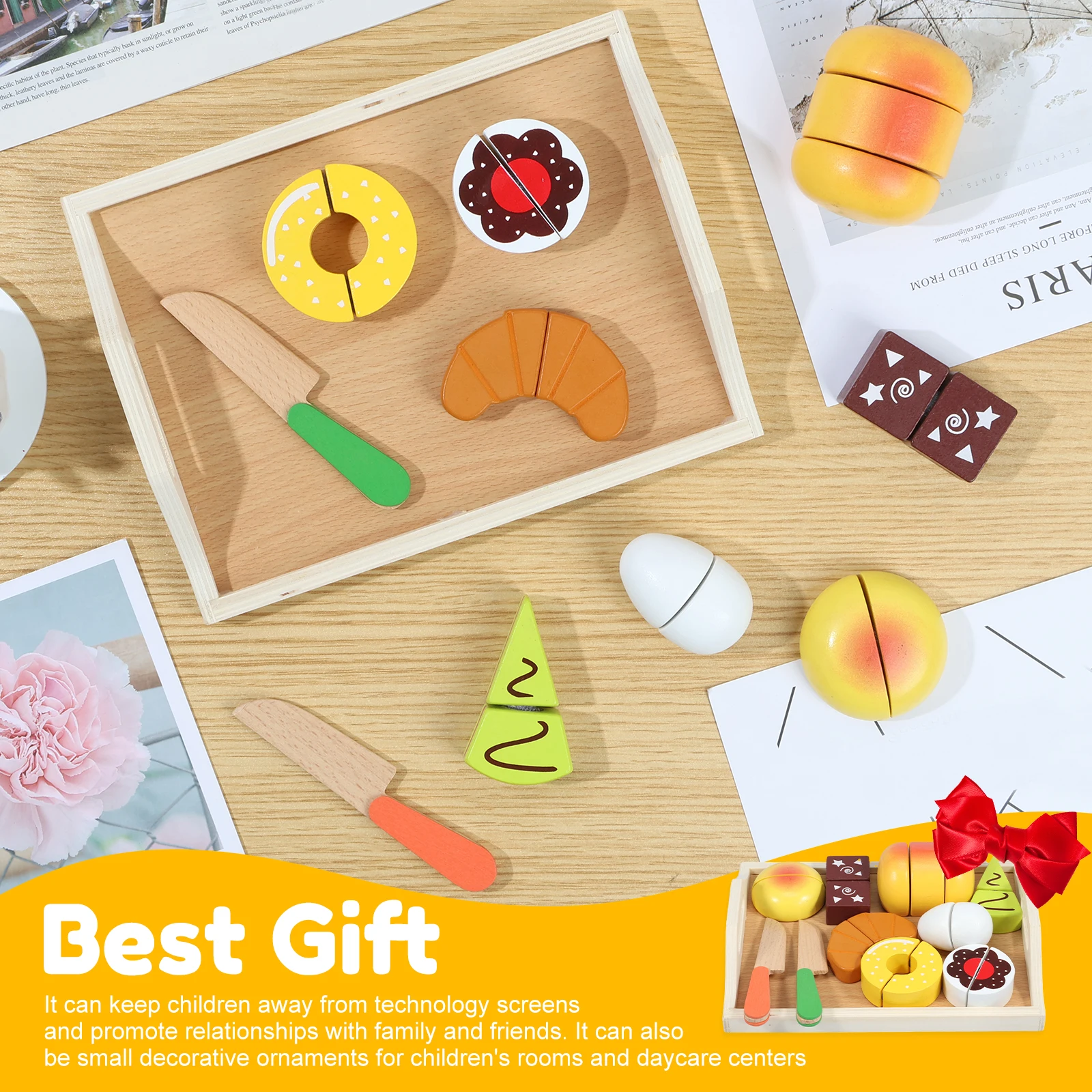 

Play Food Sets Kids Kitchen 11 PCS Wood Cutting Toy Food Tray Play Kitchen Acces Fake Food Playset Party Favor Educational Gift