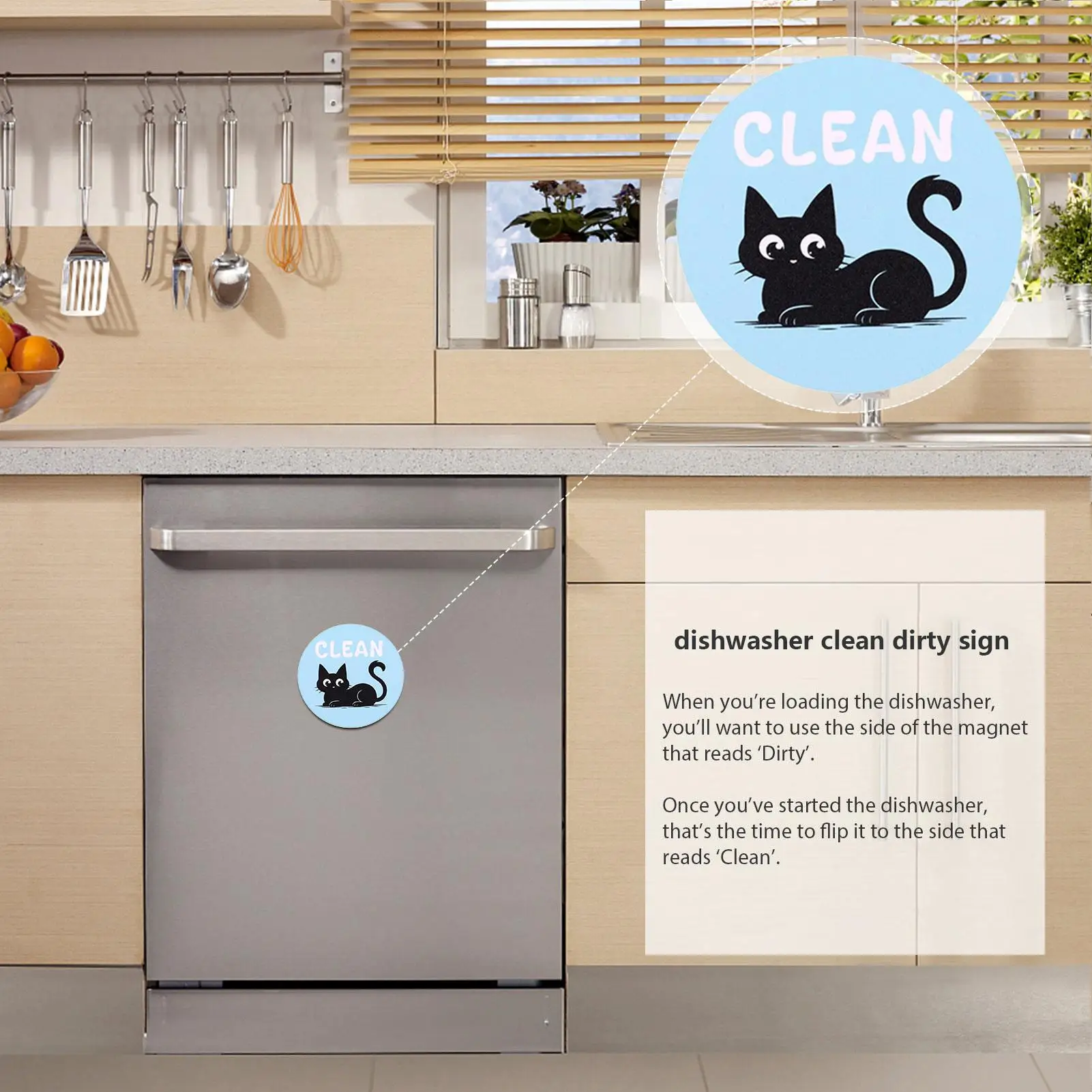 Clean Dirty Magnet 2 Pieces Black Cat Home Accessories Double-Sided Reversible Strong Magnet For Laundry Apartment Dorm