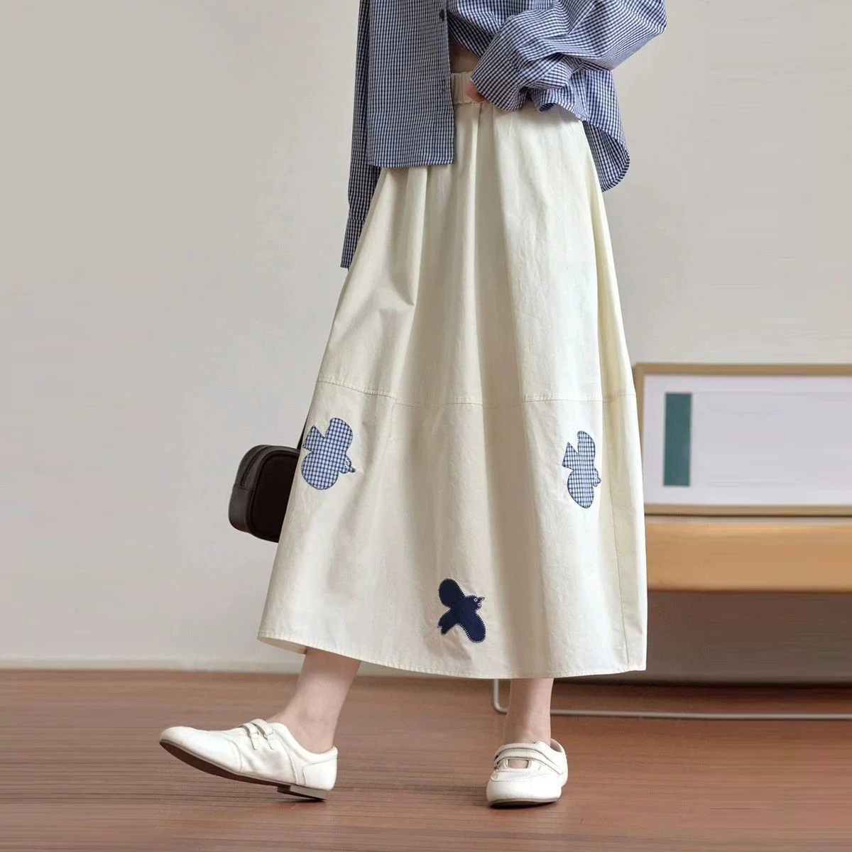 Bird print! Gentle rice apricot A-shaped high-waisted elastic medium-length swinging skirt  korean fashion clothing