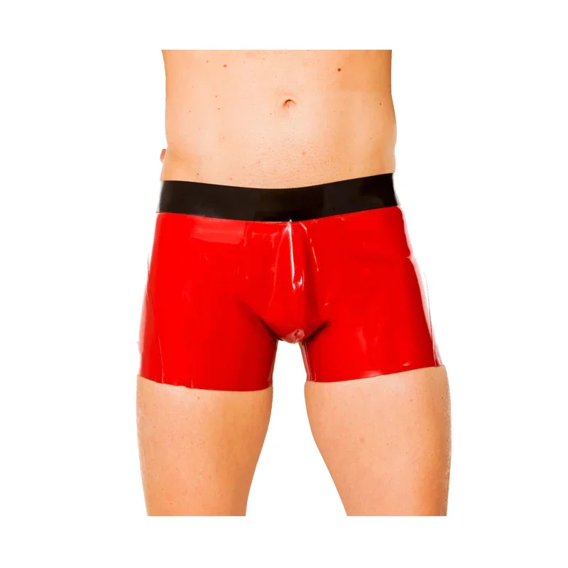 

New Latex 100% Rubber Men Black Waist and Red Boxer Underwear Handsome Tight Shorts 0.4mm Latex