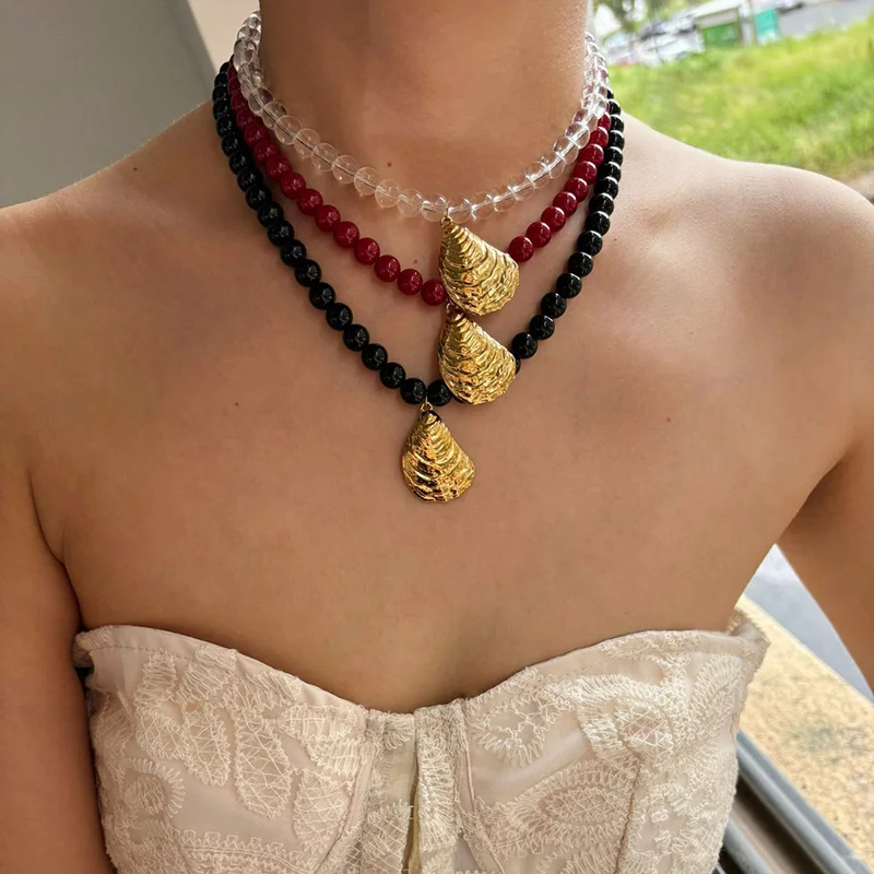 

Красное, черное прозрачное ожерелье из ракушек для женщин, летние ожерелья из бисера, праздничные ювелирные изделия из нержавеющей стали, водонепроницаемые