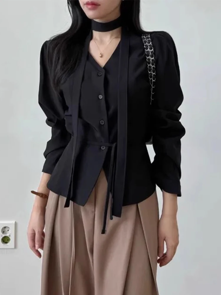 

Chic V-Ne Long Sve irt Women's Spring Season Unique Personali Single Button Hanging Ne Sa Waist Inling Long irt