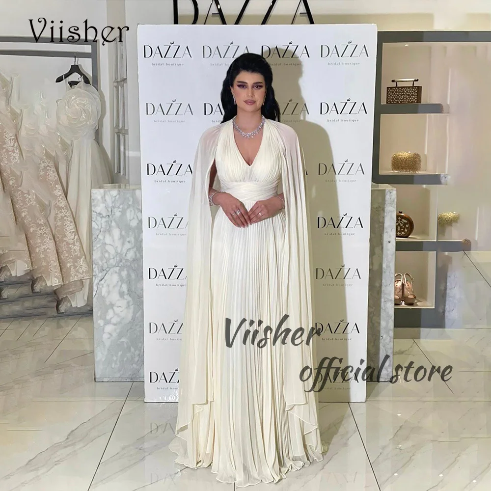 

Viisher Ivory Chiffon Long Evening Dresses with Cape A Line Saudi Arabia Formal Dress V Neck Women Prom Party Gowns