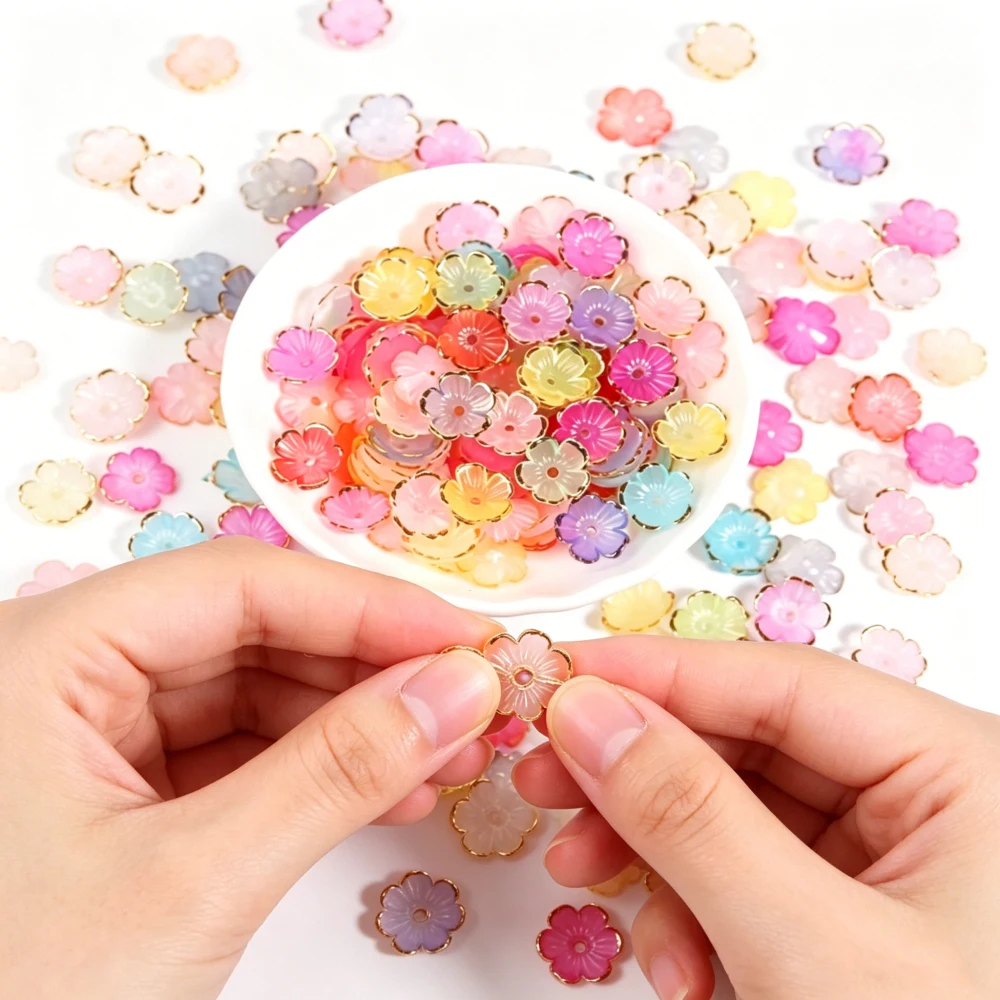 100pcs/lot 11mm Gold Edge Acrylic Flower Petals Beads Loose Spacer Beads For Jewelry Making Diy Necklace Bracelet Accessories
