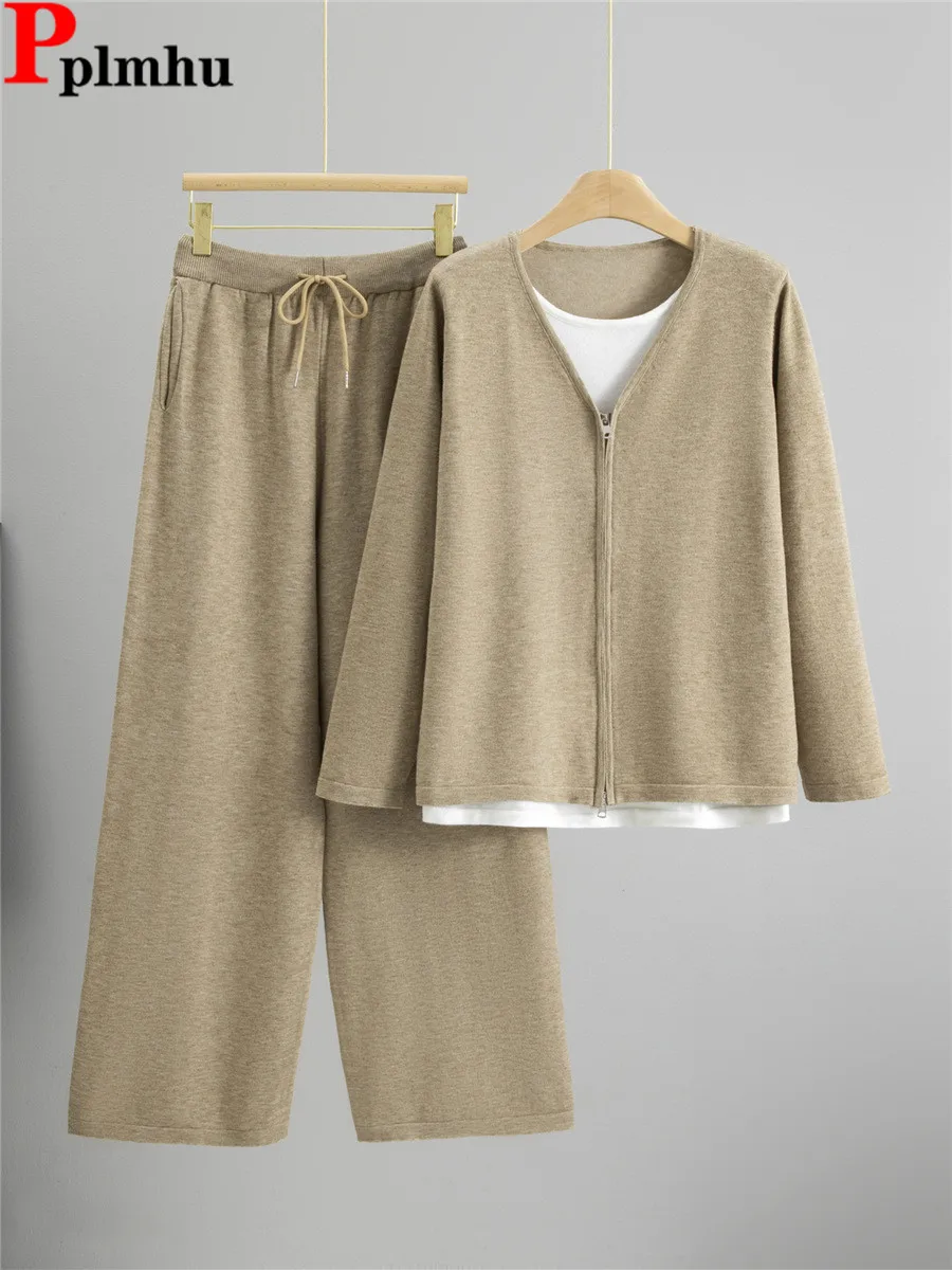

Spring Fall Casual Knitted 2 Piece Sets Korean Design Knitwears Sweater Pullover Tops Conjuntos High Waist Wide Leg Pants Outfit