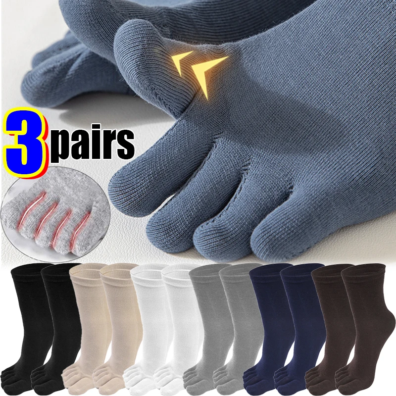 

3pairs Men's Toe Long Socks Casual Cotton Separate Five Finger Socks Comfortable Middle Tube Stocking Sports Non-Slip Crew Socks