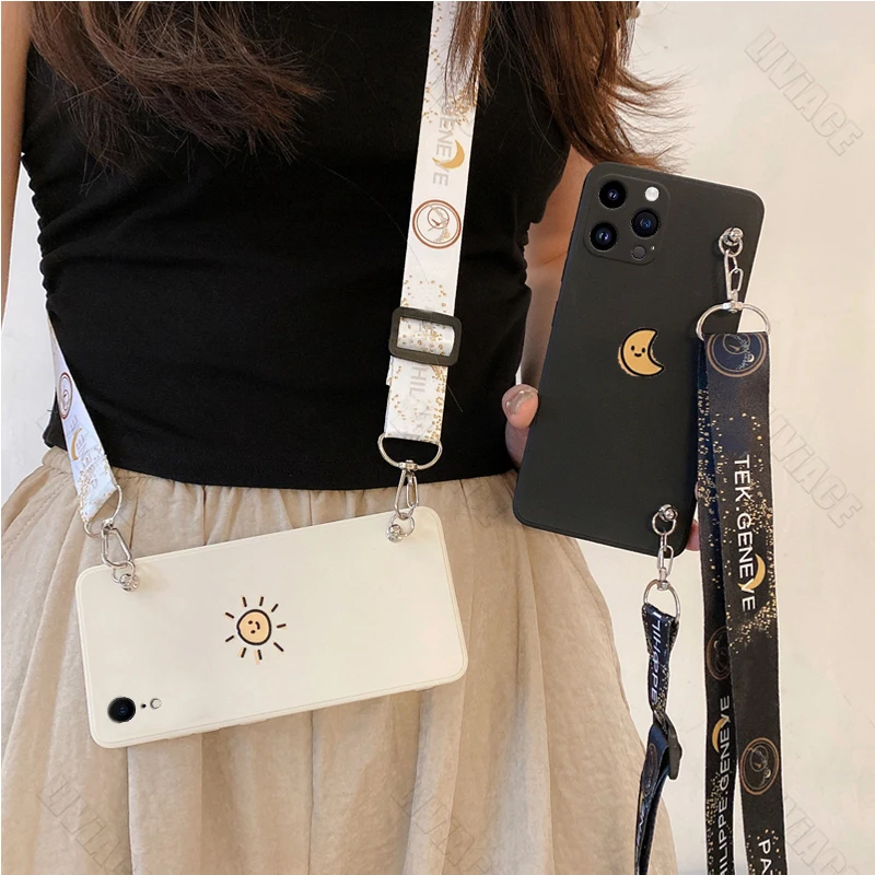 15Pro 14Pro 13Pro Sun Moon Crossbody Lanyard Phone Case On For iPhone 15 14 13 12 11 Plus Pro Max Mini Strap Cover 15Plus 14Plus