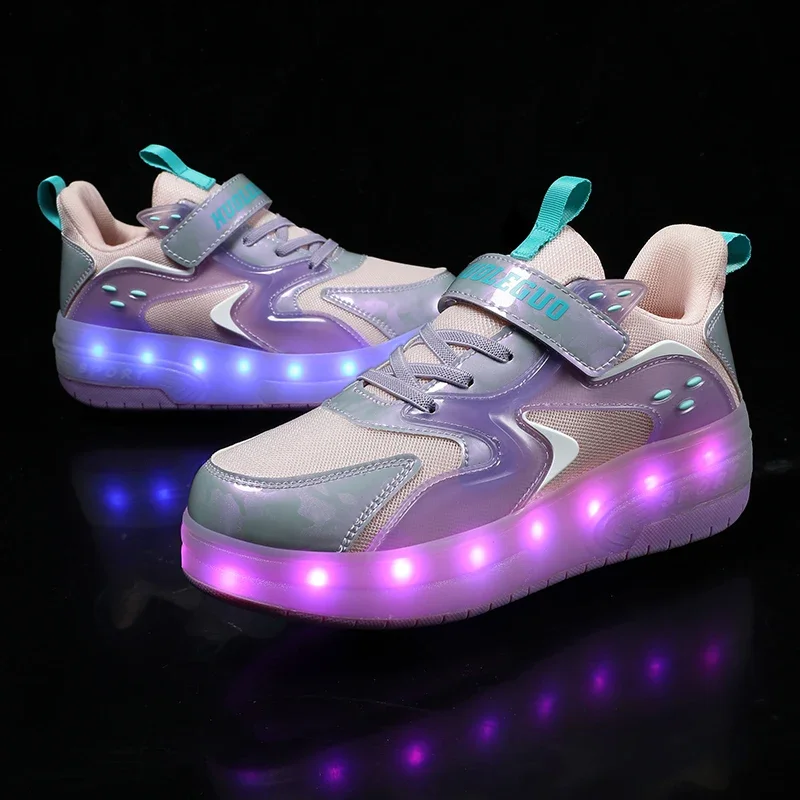 New High Quality Skate Shoes for Kids Fashion LED Light Luminous Sneakers Children Two Wheels Shoe Boys Girls with USB Charging